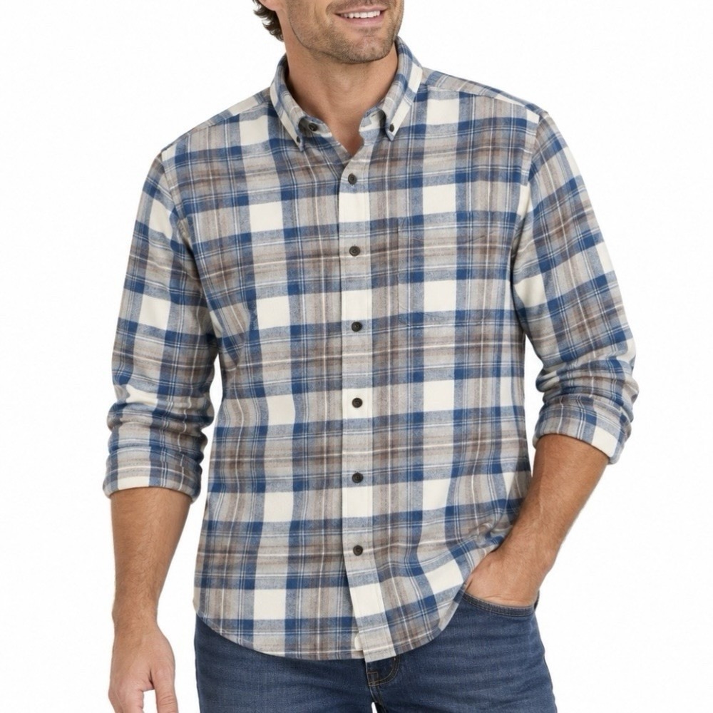 LL Bean Blue Gray Scotch Plaid Cotton Flannel Button Shirt LARGE TALL LT